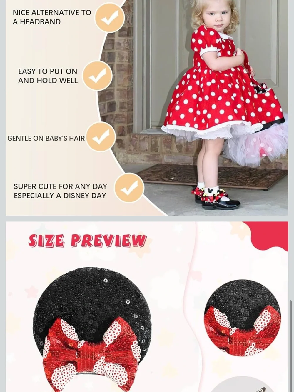 Sequin Minnie Ear Hair Clips with Red Bows